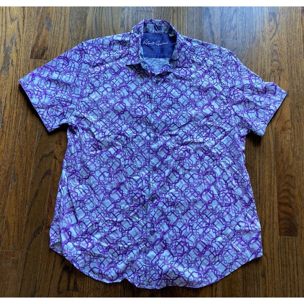 Robert Graham Shirt Mens Size 2XL Short Sleeve Purple Geometric Button Up AOP